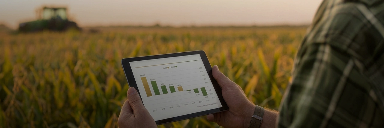 produtor rural olhando para o tablet e acompanhando os indicadores econômicos no financiamento